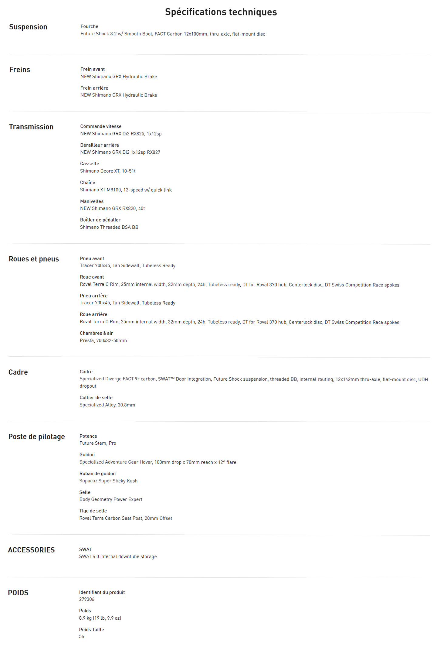 Caractéristique technique du vélo Diverge 4 Expert année 2026